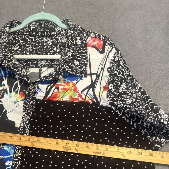 Calessa Button Up Tunic Top Sheer Mixed Print Plus Size 2X Artsy Art to Wear - Picture 6 of 7